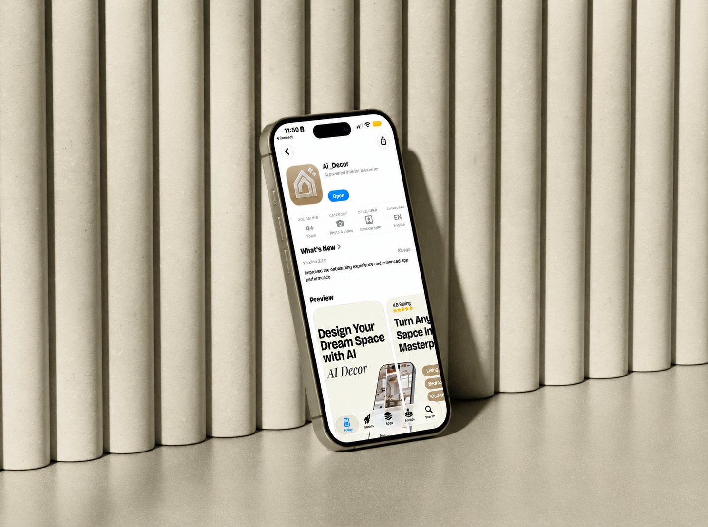 Ai_Decor on an iPhone beside a fluted wall