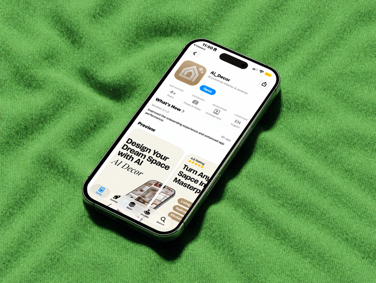 Ai_Decor on an iPhone resting on green fabric
