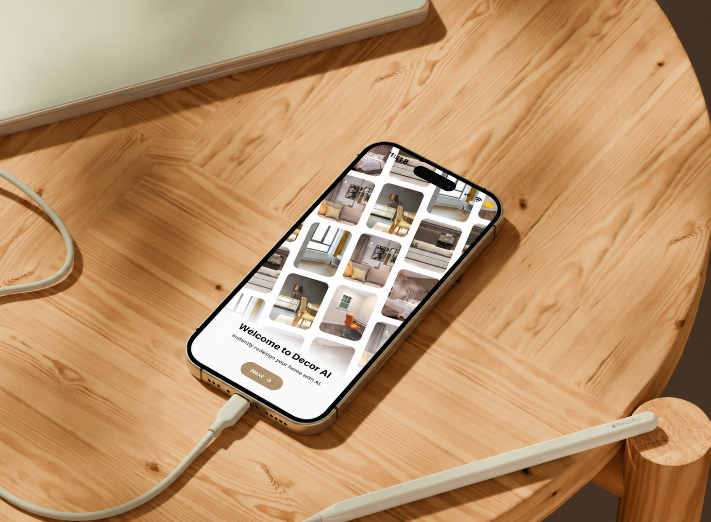 Ai_Decor onboarding on an iPhone resting on a wooden desk