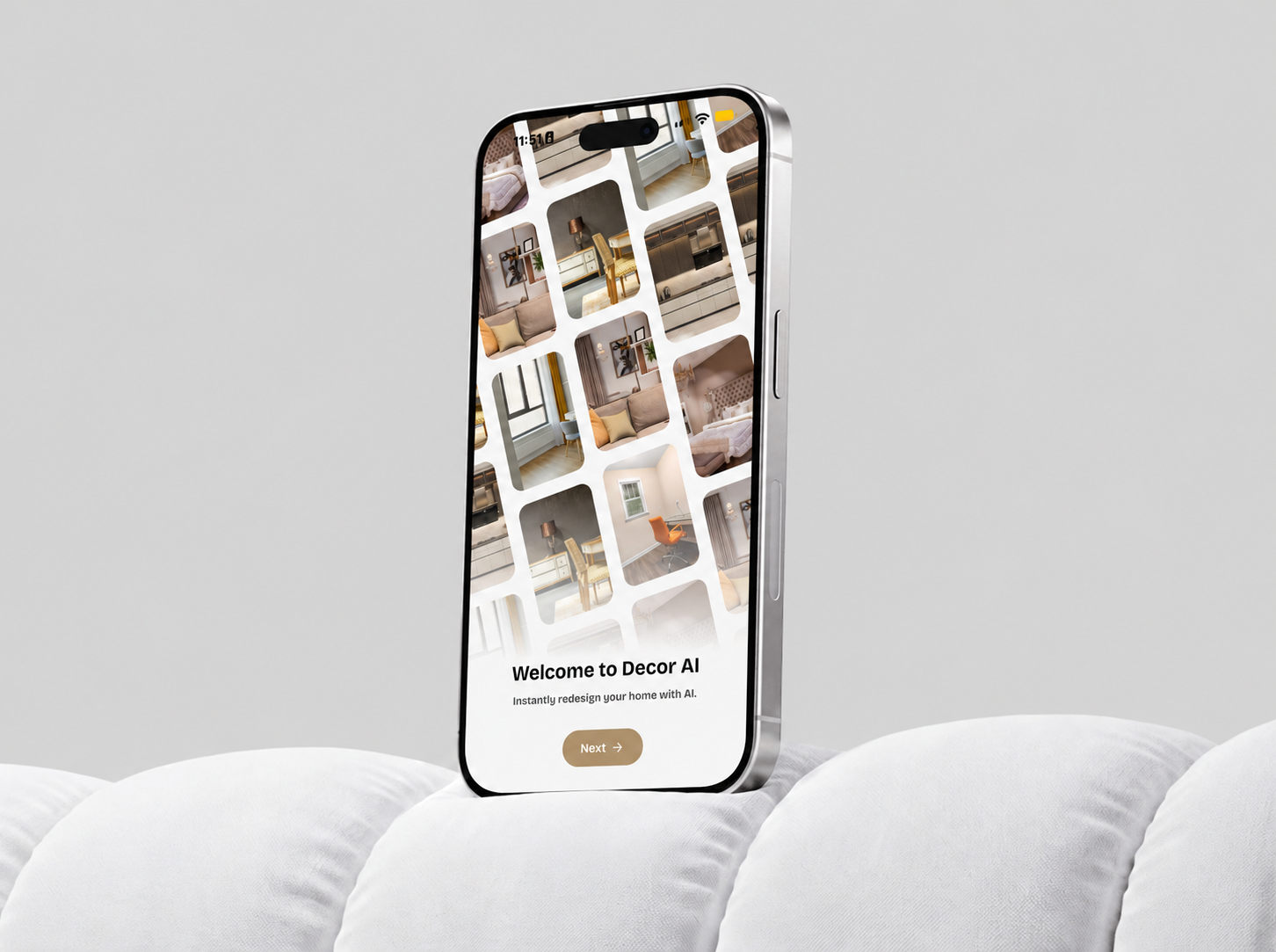 Ai_Decor onboarding on an iPhone standing on white cushions
