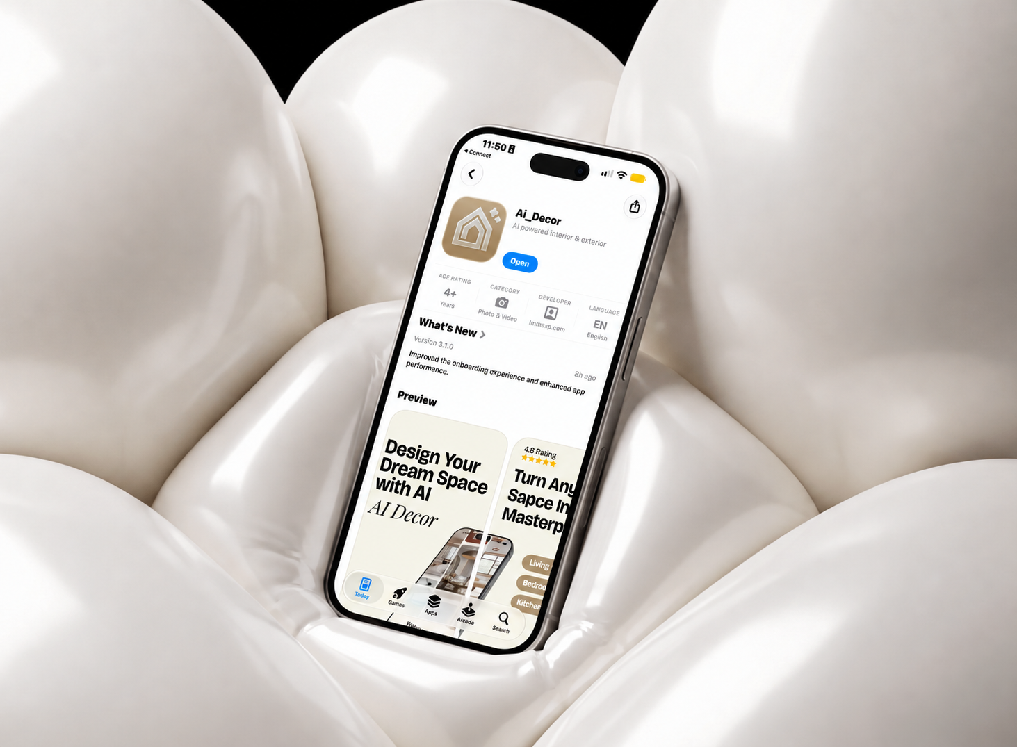 Ai_Decor on an iPhone surrounded by white inflated cushions