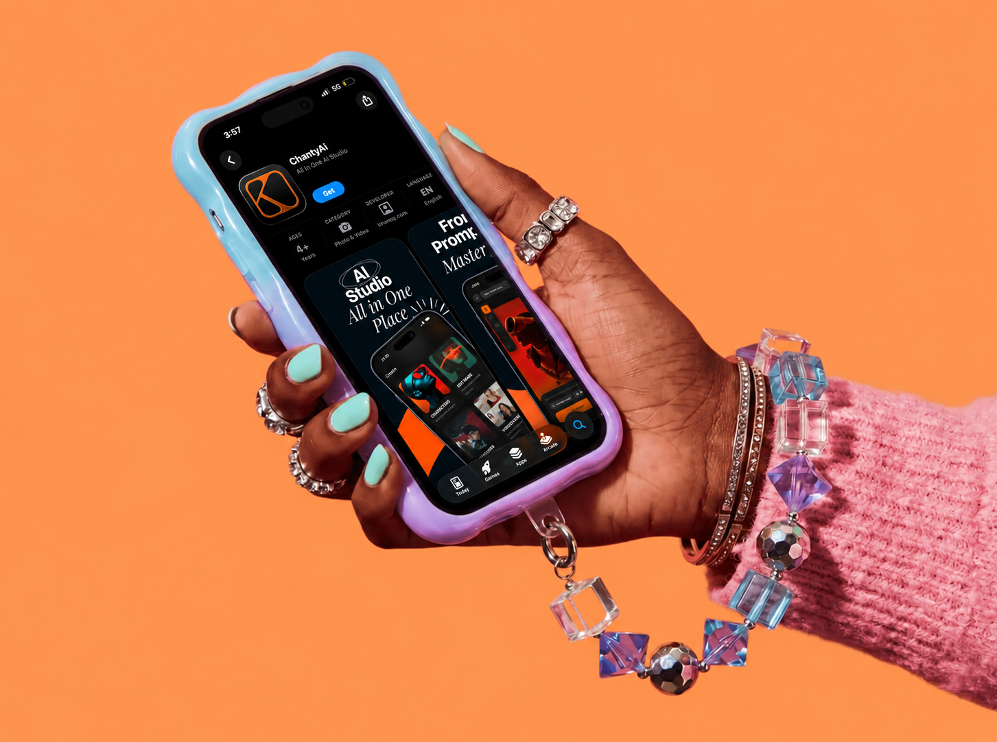 ChantyAi on an iPhone held against an orange background
