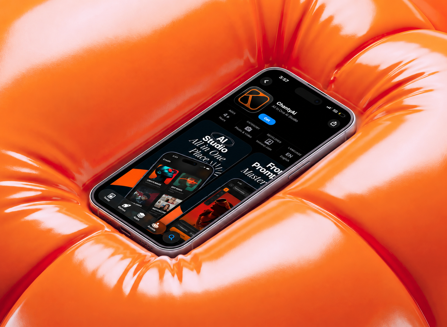 ChantyAi on an iPhone resting on an orange inflatable surface