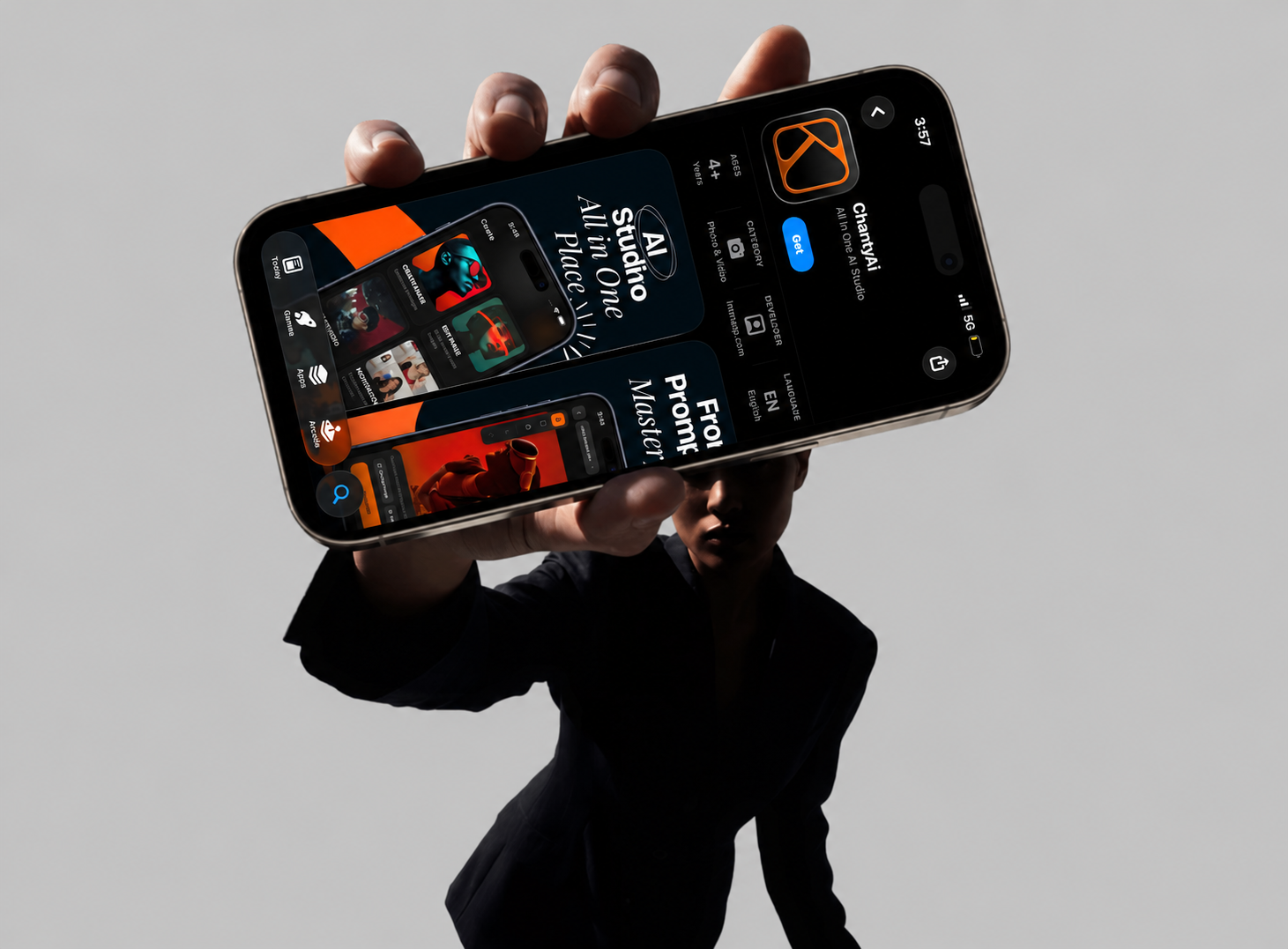 A person holding an iPhone showing ChantyAi toward the camera