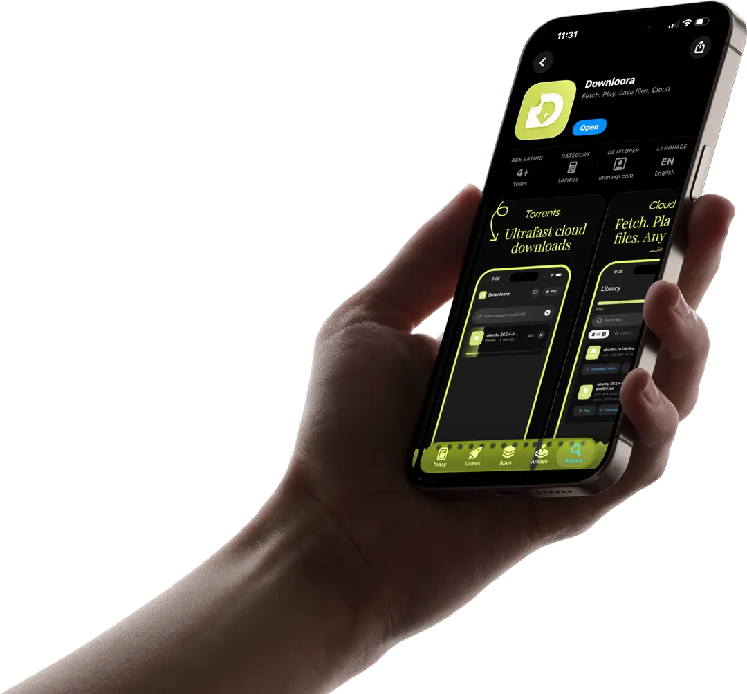 A hand holding an iPhone displaying Downloora on the App Store