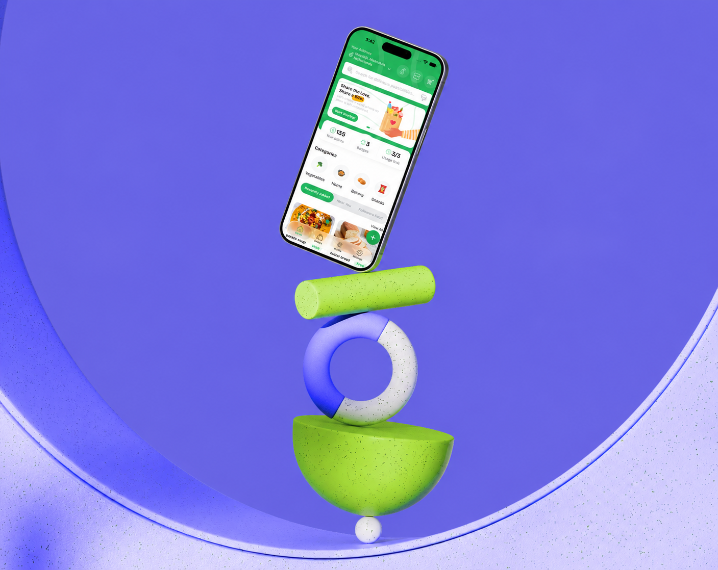 Foosh on an iPhone balanced above colourful shapes